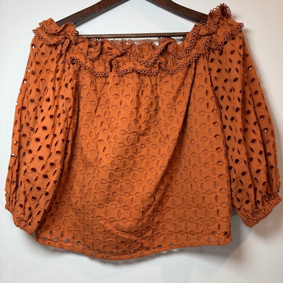 Ryegrass Tops - Ryegrass Ladies Sierra Burn Orange Eyelet Lace Off Shoulder Peasant Blouse- XS